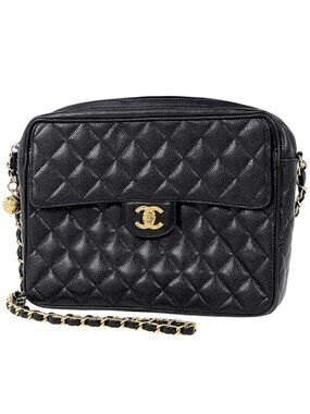 Chanel CC Logo Chain Shoulder Bag Quilted Caviar Leather Black